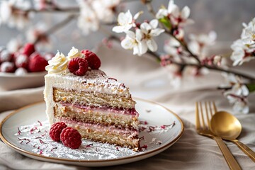 a piece of cake with raspberries on a plate