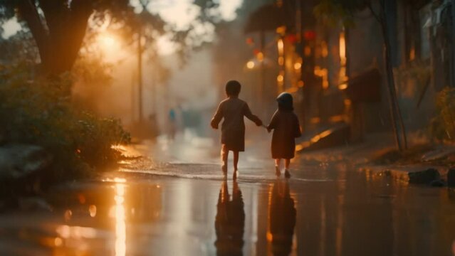 children playing in the rain Video 4K
