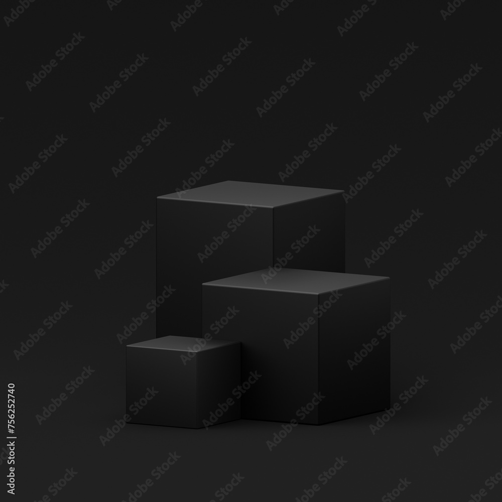 Fototapete Luxury black podium empty 3d background with product presentation cube stage pedestal minimal platform modern geometric stand studio show display dark template showcase elegant advertising concept.