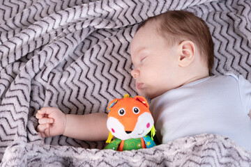 Adorable child, with a favorite toy, sleeps relaxed and sprawls on the parents' bed