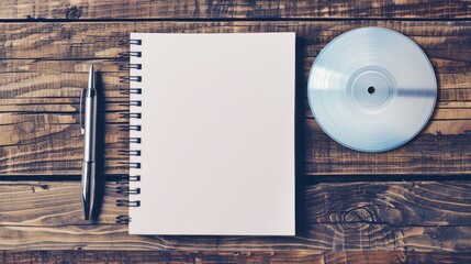 mock up of blank printable compact cd or dvd disc, pen and white notebook on wooden office table 