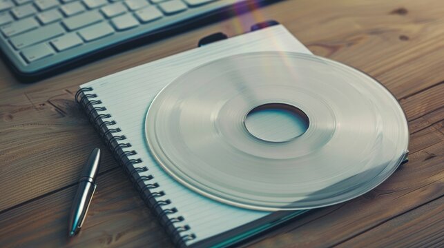 mock up of blank printable compact cd or dvd disc, pen and white notebook on wooden office table 