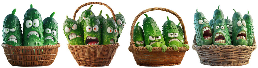 Cartoon illustration of an evil cucumber in a wicker basket - obrazy, fototapety, plakaty