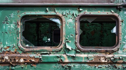 Obraz na płótnie Canvas Old broken green train window 