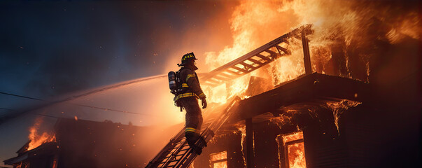 Fireman near burning building.