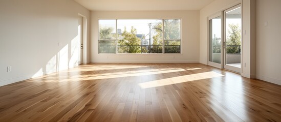 Obraz premium Empty modern apartment living room with hardwood flooring