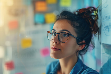 Portrait of a woman in glasses standing in front of a wall covered with colored post-it notes. A slide background for showcasing the brainstorming process. Created with Generative AI technology.