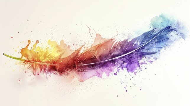 A dynamic scene of a rainbow-colored feather quill writing stories of love and acceptance, ink splashing in pastel tones, against a clear, light background.