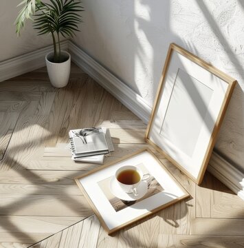 Frame mockup, living room, Coffee Break Still Life: Picture Frame and Cup on Wooden Floor