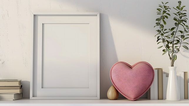Heart shape mockup photo frame fabric border, on book shelf in modern living room, 3d render