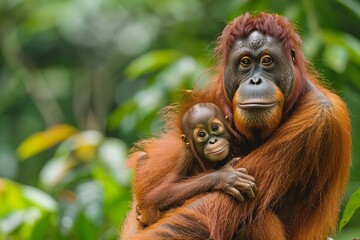 Mom and Baby Orangutan Hugging in the Jungle Generative AI