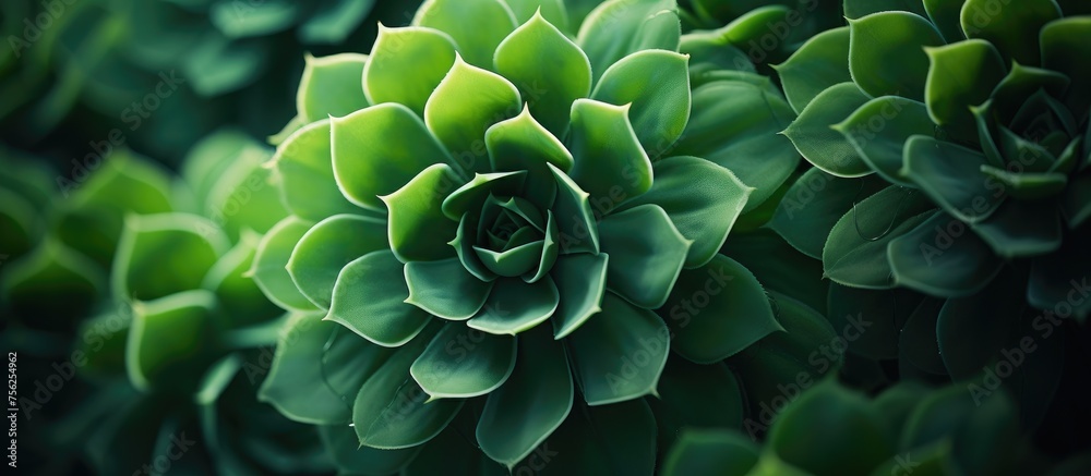 Wall mural A closeup photo of a green succulent plant against a dark background, showcasing its herbaceous green petals. This terrestrial houseplant is a groundcover flowering annual plant