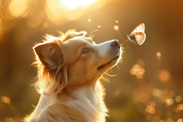 dog playing with a little butterfly with sunlight background