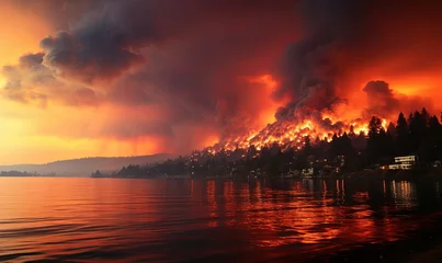 Fotobehang Fire Burning in Sky Over Water © uhdenis