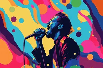 Rolgordijnen Colorful Singer with Microphone A Vibrant Pop Art Portrait Generative AI © Satyam
