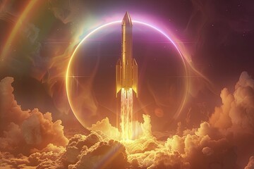 An ethereal golden rocket rises in a soft halo of light, a sacred journey unfolding in brilliance.