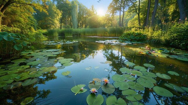 Flower Power A Serene Pond Scene with Lily Pads and Sunlight Generative AI