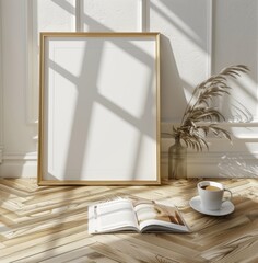Frame mockup, living room, Coffee Break Still Life: Picture Frame and Cup on Wooden Floor