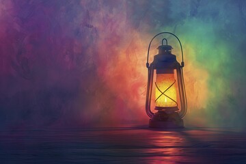 An animated lantern glows softly with a rainbow light, casting shadows, symbolizing guidance and warmth on a pastel night.
