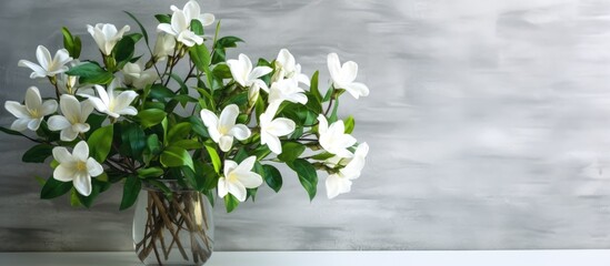 Fototapeta na wymiar Beautiful jasmine flowers in glass vase near white brick wall indoors.