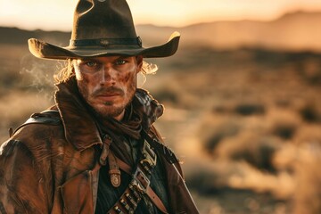 Wild West Cowboy in a Brown Leather Jacket Generative AI