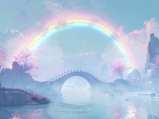 An animated sequence of a rainbow bridge connecting diverse lands, symbolizing unity and journey, emerging from a gentle pastel fog. - obrazy, fototapety, plakaty