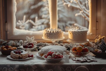 Winter Wonderland A Festive Table Setting with Fruit, Cakes, and Snowflakes Generative AI