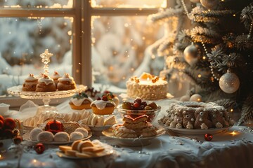 Winter Wonderland A Festive Table Setting with Fresh Fruit and Sweet Treats Generative AI