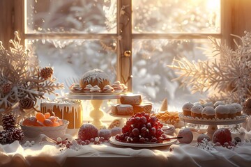 Winter Wonderland A Festive Table Setting with Fruit, Desserts, and Seasonal Decorations Generative AI