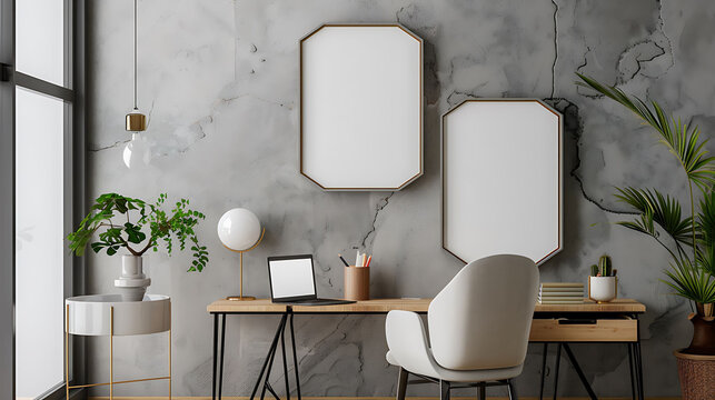 Hexagonal shape mockup photo frame resin border, on study desk in modern living room, 3d render