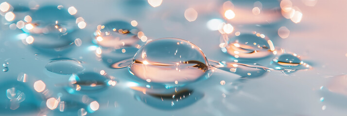 Droplets of water in a close-up view, glistening on a smooth light blue surface. Light reflects off...