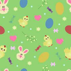 Cute set of Easter design elements with bunny, eggs, flowers. Vector flat illustration ideal for greeting cards, posters. Happy Easter banner,illustration of Easter bunny, beautiful colored eggs, cand