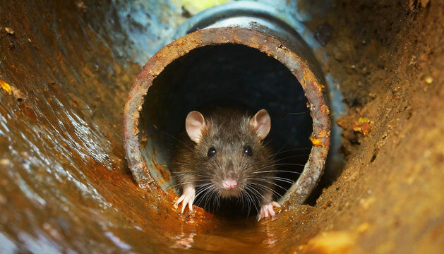Closeup of a rat inside a rusty sewer pipe; rat looking out of a drain in the sewerage system. Rodent problem in the canalization system, unsanitary concept. Generative Ai.