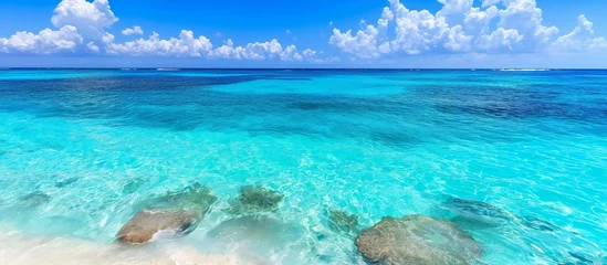 Tuinposter Peaceful tropical seascape, turquoise waters, blue skies, serene atmosphere, tranquil beauty, idyllic vacation setting. Generative AI © James
