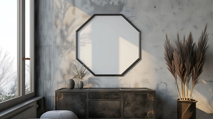 Hexagonal shape mockup photo frame metal border, on chest drawer in modern living room, 3d render