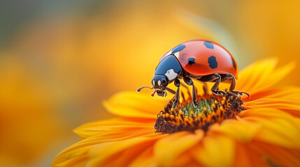 Fototapeta premium A diligent Ladybug is busy at work pollinating a bright sunflower, with a soft focus on a field of sunflowers glowing in the background.