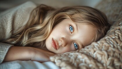 Naklejka premium Fall's Favorite A Blonde-Haired Girl with Blue Eyes and Freckles Generative AI