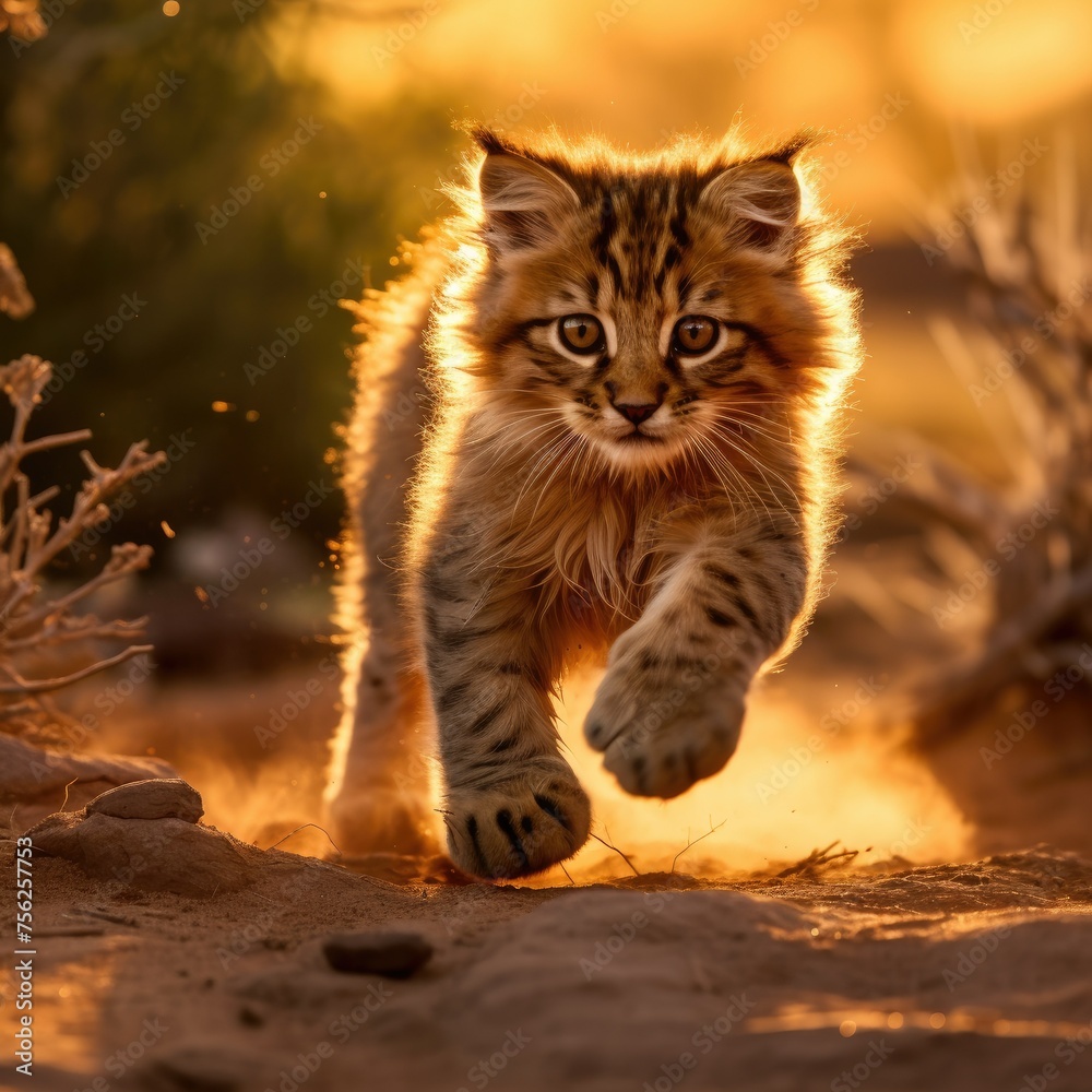 Sticker A kitten is running through the desert