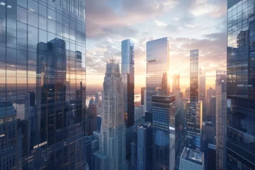 Fotobehang modern architecture background. glass building skyline. futuristic image.  © CreativeCreations