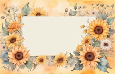 watercolor illustration of a large copyspace for a note with small white and sun flowers on the left side on a soft pastel background with a hint of floral pattern.