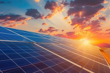 Solar panels with the sunrise in the background showcasing renewable energy