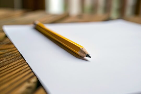 A bright yellow pencil on a clean white sheet of paper
