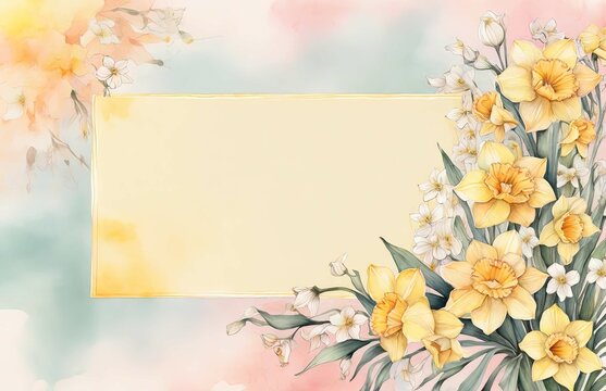 watercolor illustration of a large copyspace for a note with small white and daffodil flowers on the left side on a soft pastel background with a hint of floral pattern.