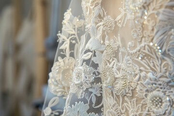 A detailed lace and beadwork on a custom bridal gown