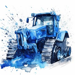 Watercolor illustration blue tractor, сlipart high quality with a lot of details on white background for online transportation freight delivery service.