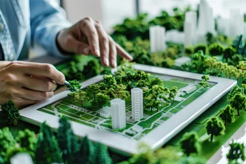 Rolgordijnen A landscape architect designing a sustainable urban park on a tablet © AI Farm