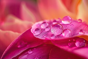 A macro shot of a water droplet on a vibrant peony petal