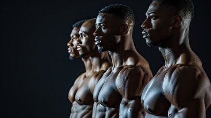 Four men with muscular bodies stand in a row, posing for a photo