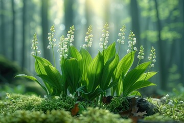 Lilies of the valley in early spring. Glade of lilies of the valley in the forest. White lilies of the valley on a background of green leaves. Drop of water on the grass.