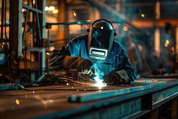 A welder working on a metal sculpture in an industrial workshop - obrazy, fototapety, plakaty